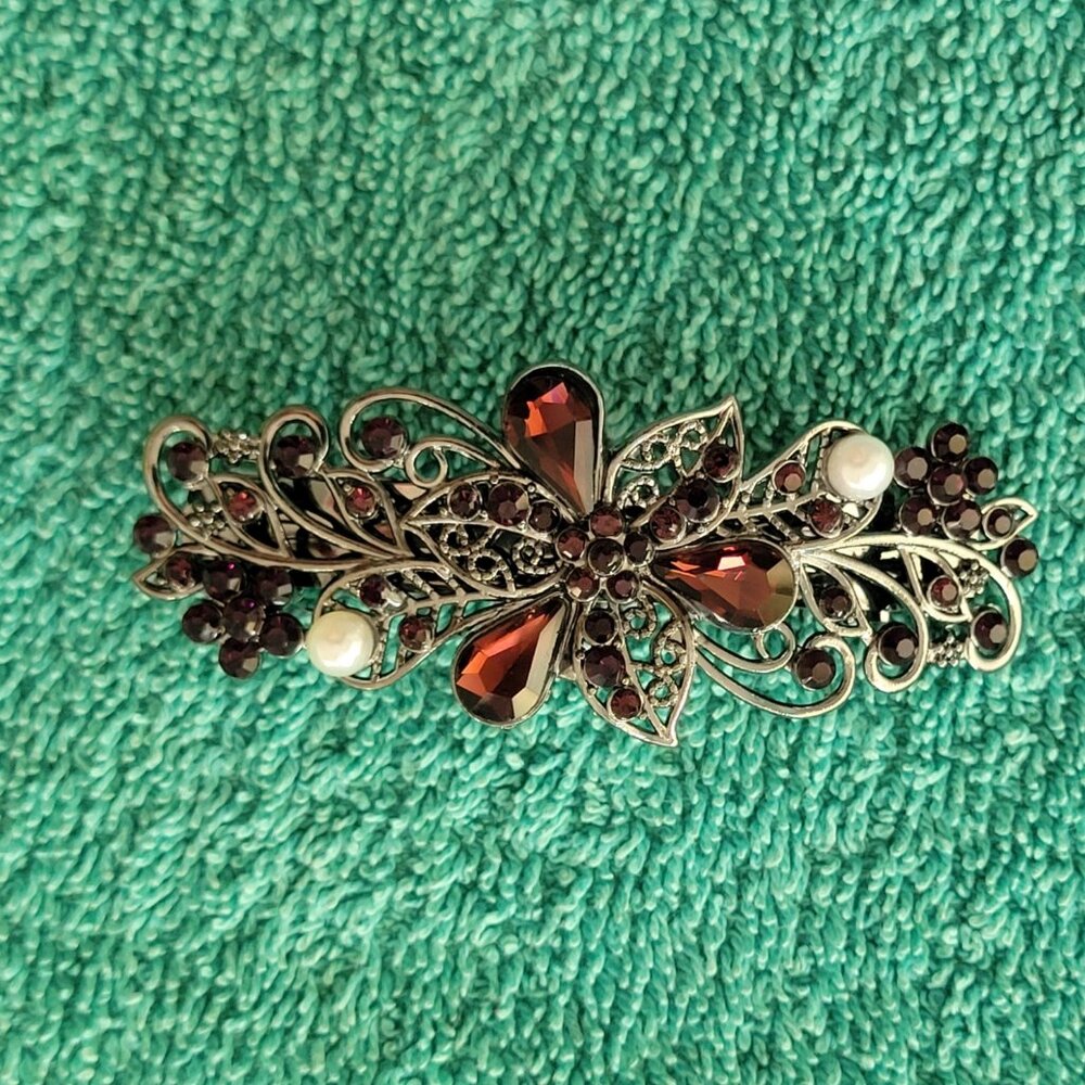 Hair Barrettes for Women Ladies, Purple-Red Flower Crystal Rhinestones